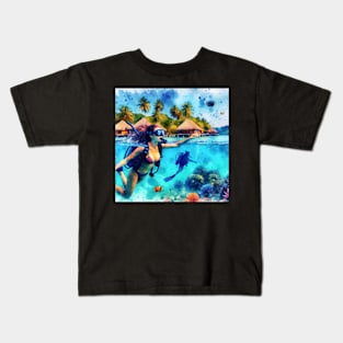 Artistic illustration of scuba divers in tropical waters Kids T-Shirt